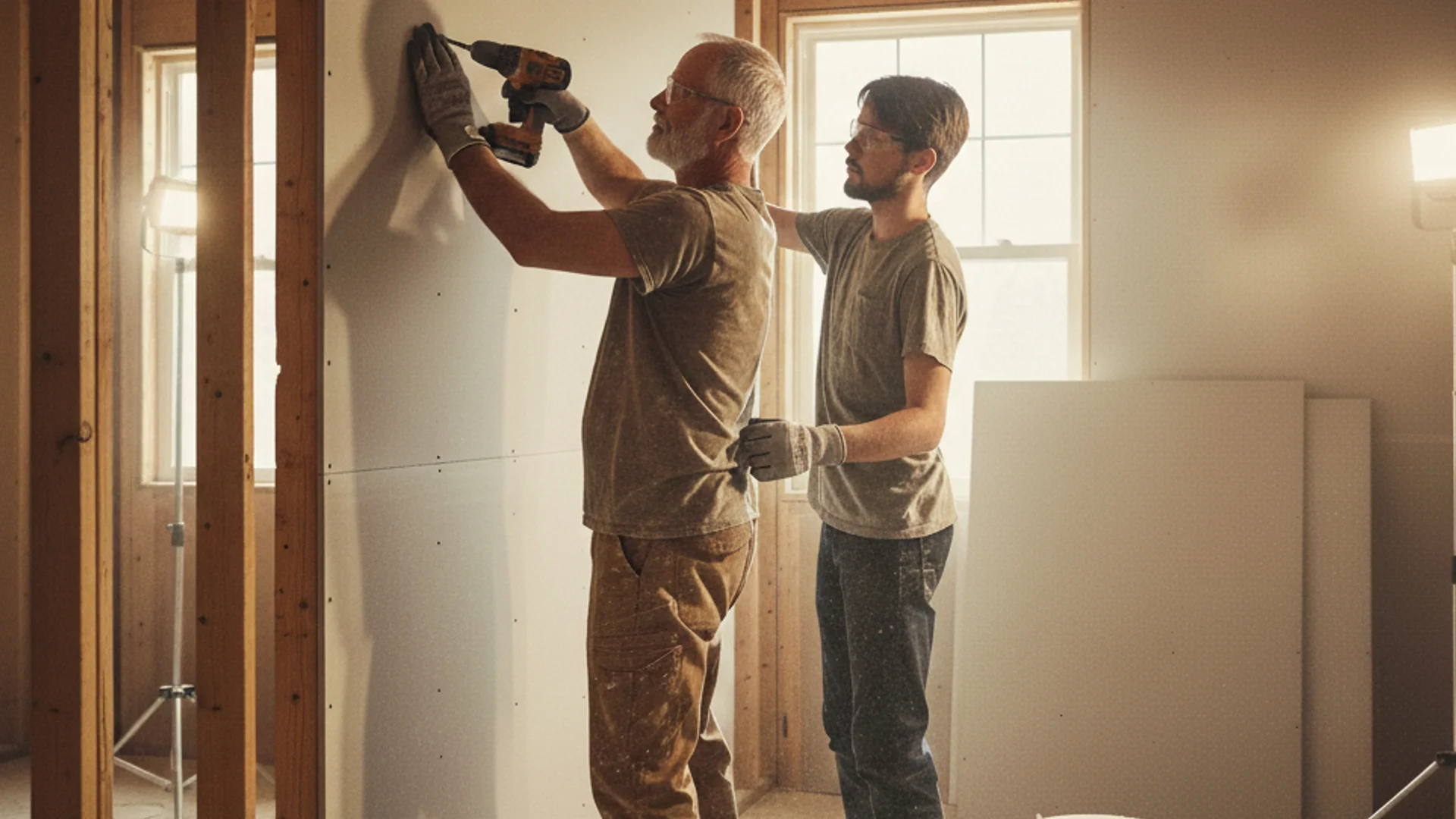 Two Brizzee Drywall craftsmen, one from each generation, hanging a sheet of drywall in a sunlit framed room